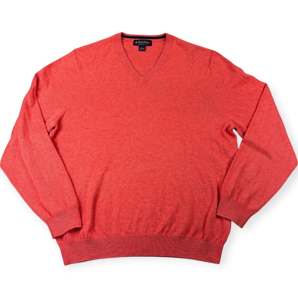 Brooks Brothers Men L Supima Cotton V Neck Sweater Coral Red Preppy Classic